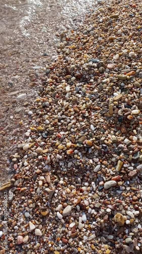 Shiny pebbles at sea water beach vertical Shiny pebbles at sea water beach vertical