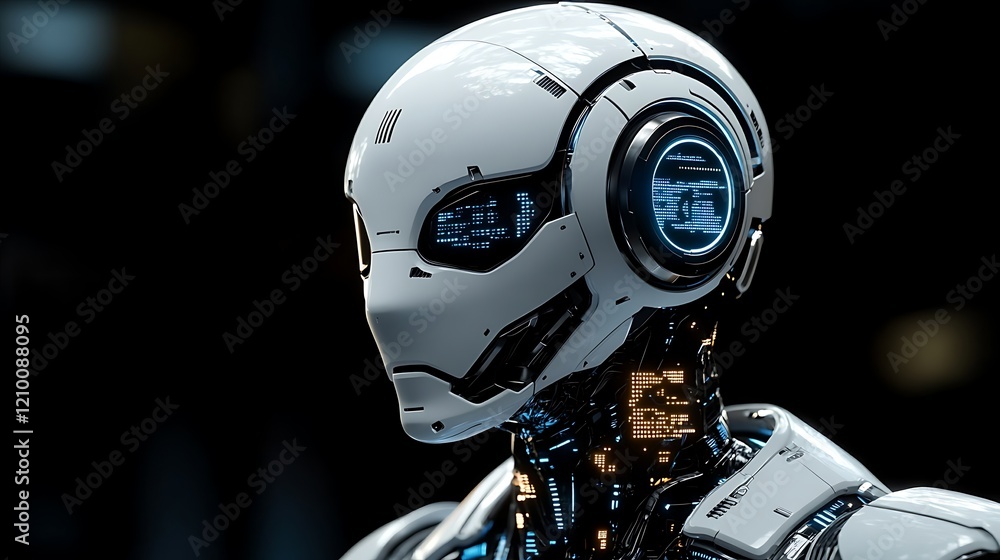 The Digital Gaze: A close-up shot of an advanced android with gleaming white armor, its intelligent eyes peering into the camera, prompting a question of human and artificial intelligence. The Digital Gaze: A close-up shot of an advanced android with gleaming white armor, its intelligent eyes peering into the camera, prompting a question of human and artificial intelligence.