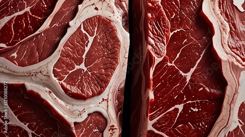 Raw Beef: Intricate Marbling, Rich Red Hues, Close-Up Still Life photo