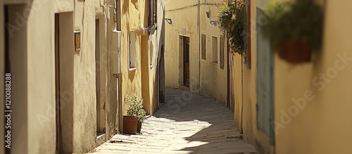 Sunny European alleyway, stone path, old buildings, travel background
