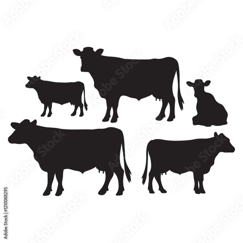 Set of Texas longhorn cow silhouettes in various poses. isolated vector on white background.