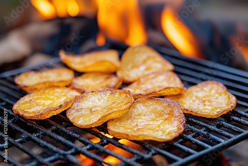 A close-up of perfectly grilled chips, exhibiting a crispy golden appearance and inviting texture, bringing to mind the joy of sharing snacks around a fire. photo