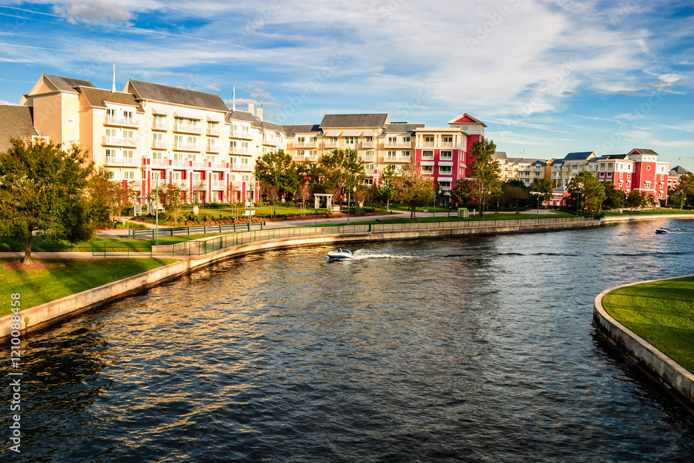 Obraz premium A river runs through a town with many buildings and a boat on the water