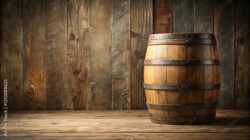 Rustic Wooden Barrel Resting on Aged Planks Against a Weathered Wooden Wall Rustic Wooden Barrel Resting on Aged Planks Against a Weathered Wooden Wall