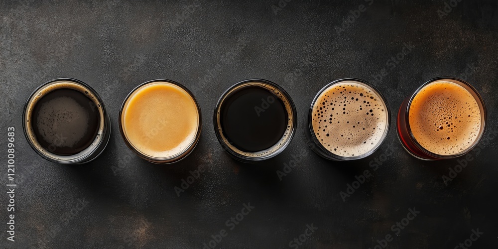 Variety of stouts displayed in glasses with different shades Variety of stouts displayed in glasses with different shades