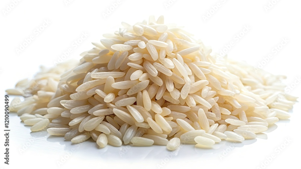 Pristine white rice grains, isolated on pure white, ideal for culinary photography and food backgrounds. Pristine white rice grains, isolated on pure white, ideal for culinary photography and food backgrounds.
