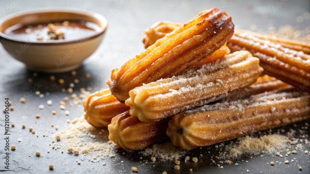 Golden-brown churros dusted with powdered sugar, arranged in a tempting stack, alongside a small bowl of rich chocolate dipping sauce. Golden-brown churros dusted with powdered sugar, arranged in a tempting stack, alongside a small bowl of rich chocolate dipping sauce.