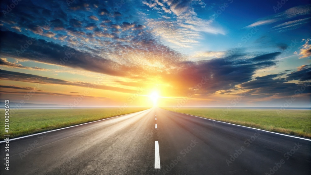 Asphalt Road Leading to a Vibrant Sunset Over a Serene Meadow Landscape Asphalt Road Leading to a Vibrant Sunset Over a Serene Meadow Landscape
