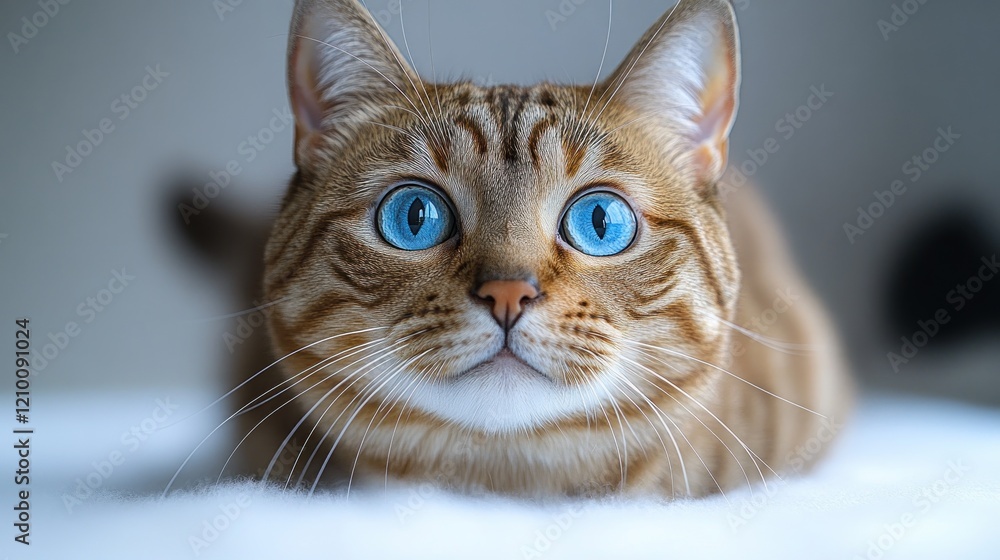 Blue-eyed tabby cat indoors, on white fur, looking up, blurred background, pet portrait Blue-eyed tabby cat indoors, on white fur, looking up, blurred background, pet portrait