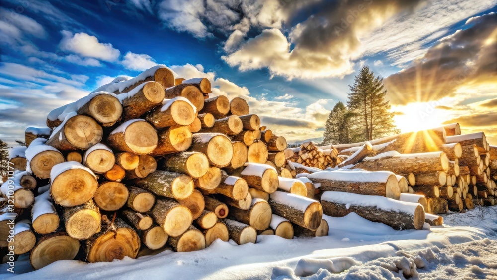 Winter Sunlight Illuminates a Stack of Snow-Covered Logs in a Serene Forest Setting Winter Sunlight Illuminates a Stack of Snow-Covered Logs in a Serene Forest Setting