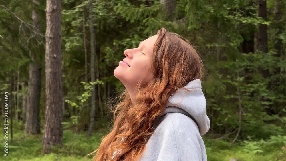 Naklejka premium Happy young woman breath deep in the summer forest, enjoying fresh air