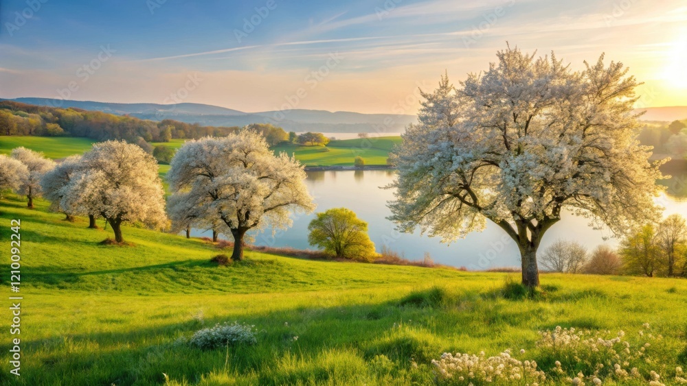Fototapeta premium Serene Springtime Landscape Featuring Blossoming Trees by a Tranquil Lake at Sunset