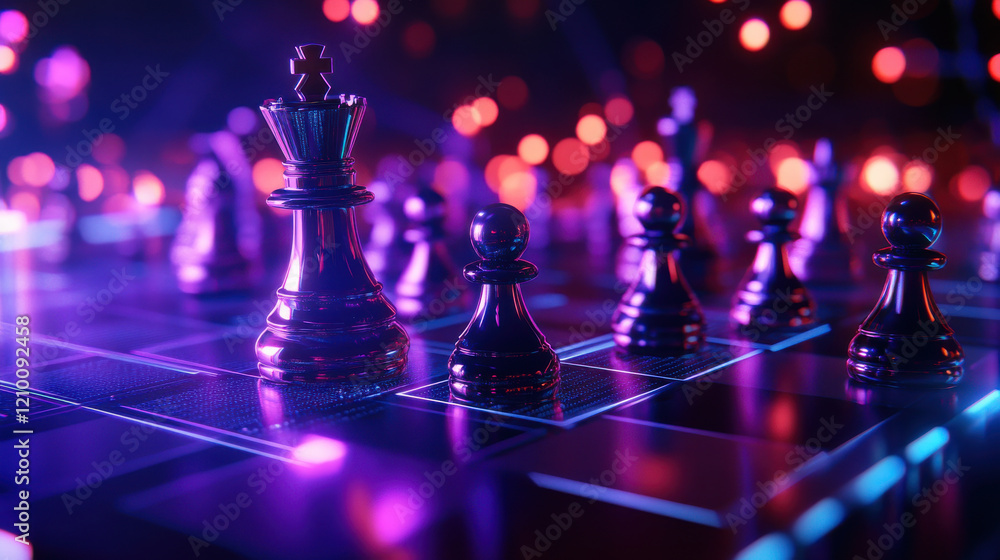vibrant chess game with glowing pieces and futuristic board vibrant chess game with glowing pieces and futuristic board