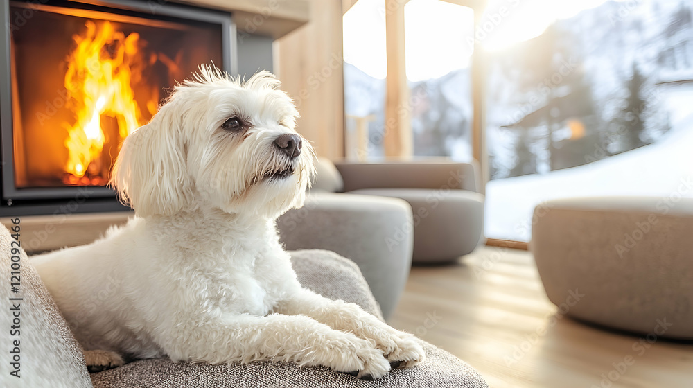 Fluffy white dog lounges peacefully by a warm fireplace, enjoying the cozy winter atmosphere of a luxurious home. Serene winter scene. Fluffy white dog lounges peacefully by a warm fireplace, enjoying the cozy winter atmosphere of a luxurious home. Serene winter scene.