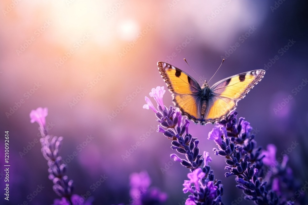 A yellow butterfly resting on a purple lavender flower, creating a striking contrast in the vibrant scene A yellow butterfly resting on a purple lavender flower, creating a striking contrast in the vibrant scene