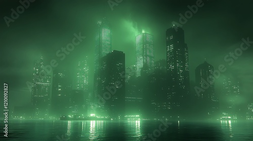 Emerald City at Night: A futuristic cityscape shrouded in an eerie green fog, reflecting mysteriously in still water.  The towering buildings create a sense of mystery and isolation. photo