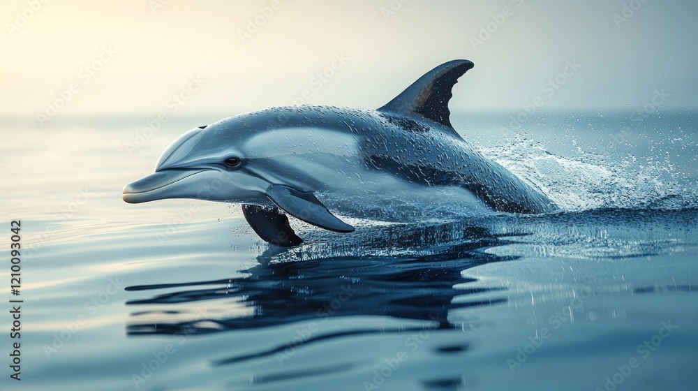 Naklejka premium Striped dolphin leaping ocean sunrise wildlife