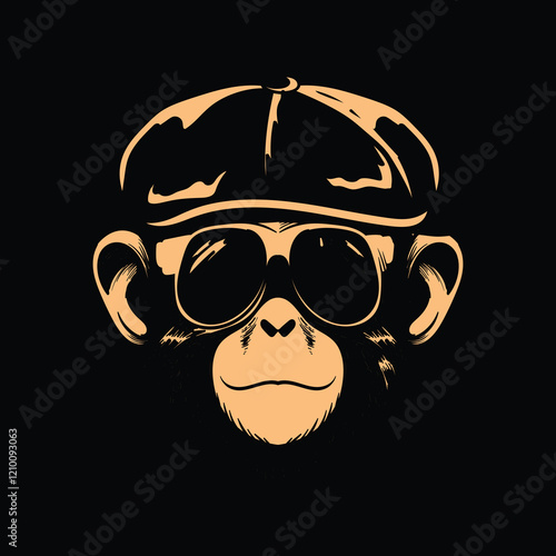 Funky Cool Monkey Head Face with Flat Hat and Ray Ban Sunglasses Badge Emblem Label Illustration
