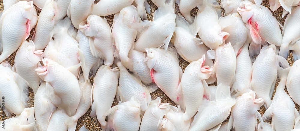 White fish piled on sandy ground, outdoor market background, food industry White fish piled on sandy ground, outdoor market background, food industry
