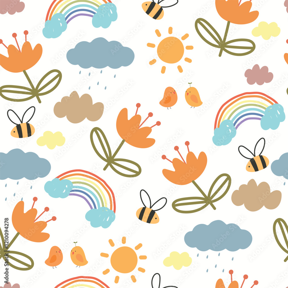 Naklejka premium Seamless pattern with bees, rainbows, flowers and clouds. kids illustration with animal, plants , and sky.