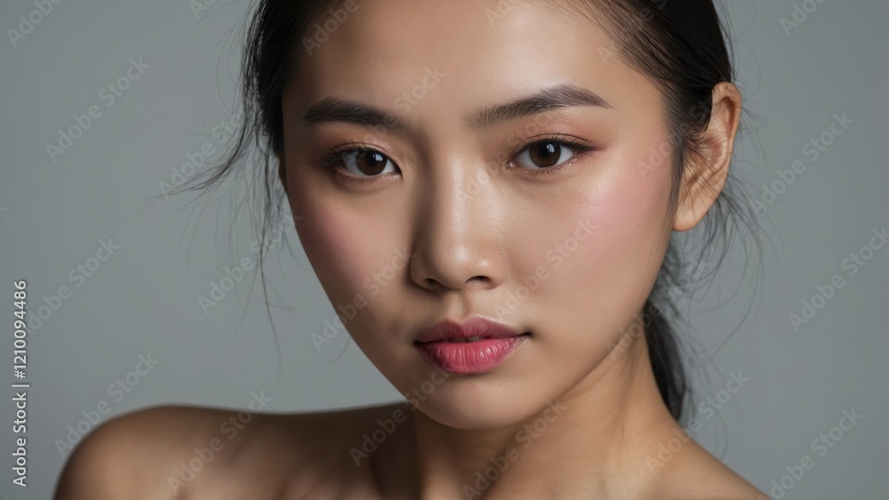 Naklejka premium Close-up portrait of a young woman showcasing natural beauty and confident expression in a studio setting