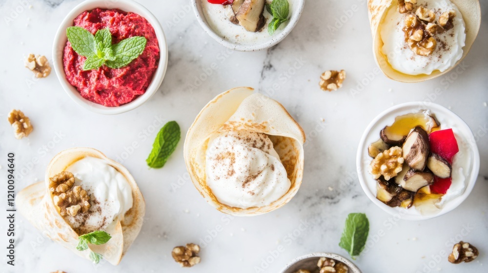 Mini crepes with mushroom pate, beet hummus, and yogurt topped with honey Mini crepes with mushroom pate, beet hummus, and yogurt topped with honey
