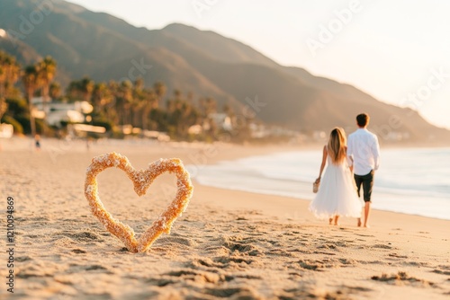 A young couple sharing ice cream cones while walking along a beach, their footprints trailing behind them in the sand photo