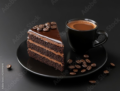 Chocolate lava cake slice black coffee realistic style dark theme photo