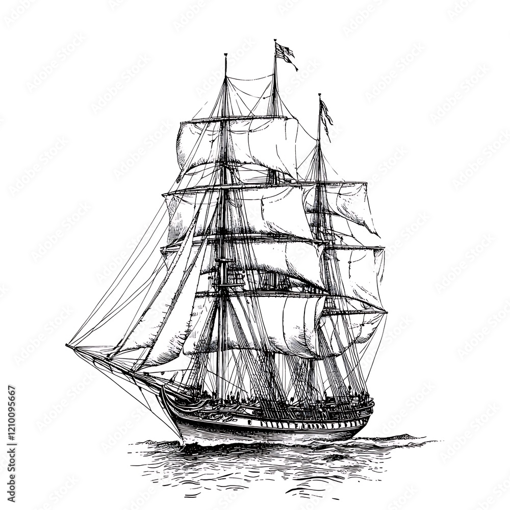 custom made wallpaper toronto digitalBlack and white ink drawing of a three-masted sailing ship.