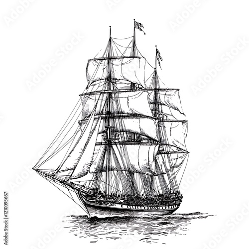 Wallpaper Mural Black and white ink drawing of a three-masted sailing ship. Torontodigital.ca