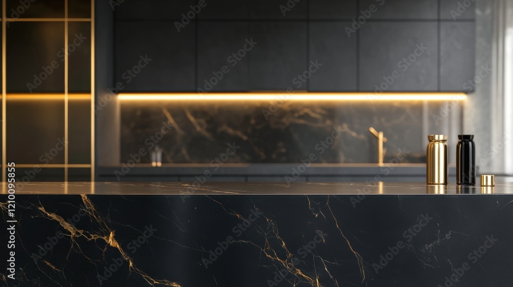 Empty black marble countertop in a luxurious modern kitchen with gold accents Empty black marble countertop in a luxurious modern kitchen with gold accents