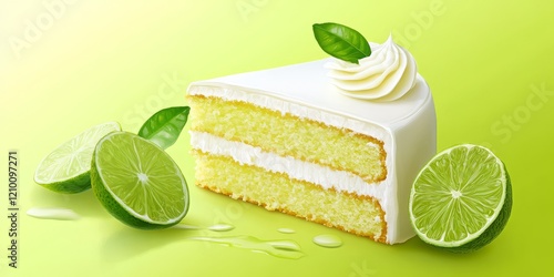 Key lime cake and soda on lime green background photo