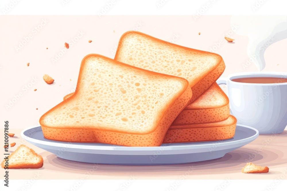 A pixel art rendition of zwieback slices on a plate, with animated steam rising from a nearby cup of cocoa and tiny crumbs scattering around A pixel art rendition of zwieback slices on a plate, with animated steam rising from a nearby cup of cocoa and tiny crumbs scattering around