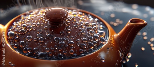 Steaming teapot, water droplets, dark background, beverage preparation photo