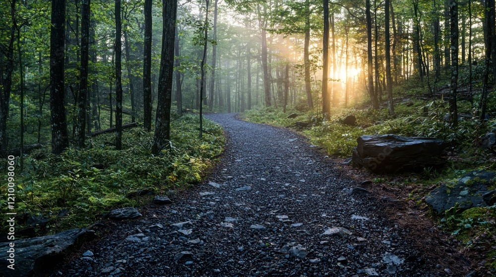 Obraz premium A path winding through a foggy forest at dawn.