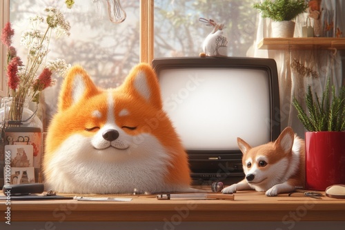 A pixel art scene of a small character sitting in front of a blank TV screen, with a pet dog lying beside them, both looking equally bored photo