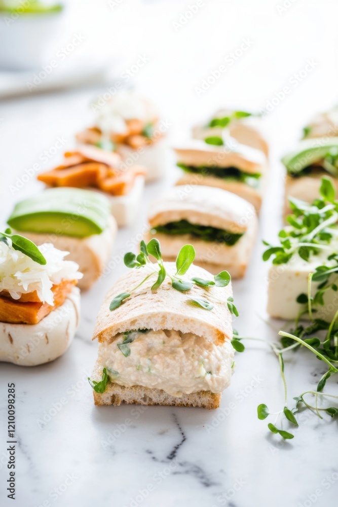 Mini sandwiches with vibrant fillings arranged in a modern layout Mini sandwiches with vibrant fillings arranged in a modern layout
