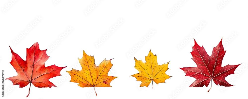 Fototapeta premium Vibrant hues of autumn! Four maple leaves in red and gold, arranged. Nature's artistry at its finest!, cut out,transparent background