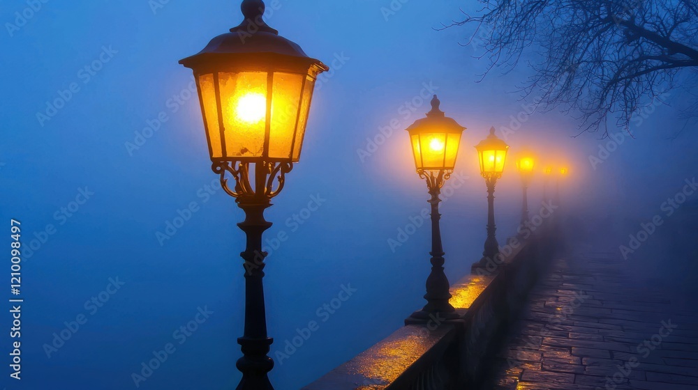 A row of streetlights glowing faintly in the fog. A row of streetlights glowing faintly in the fog.