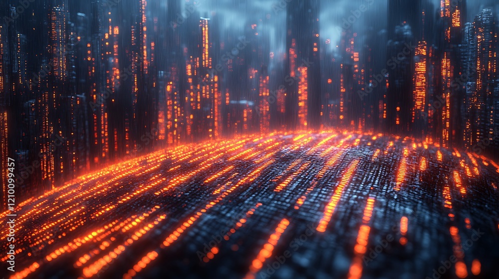 Fototapeta premium Cyberpunk Cityscape: A surreal, futuristic cityscape bathed in the eerie glow of neon lights, with a focus on the illuminated pathways and towering structures.