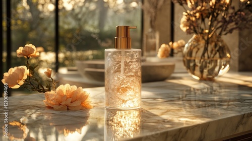 Wallpaper Mural Luxurious soap dispenser, marble bathroom, sunlight, floral decor, wellness Torontodigital.ca