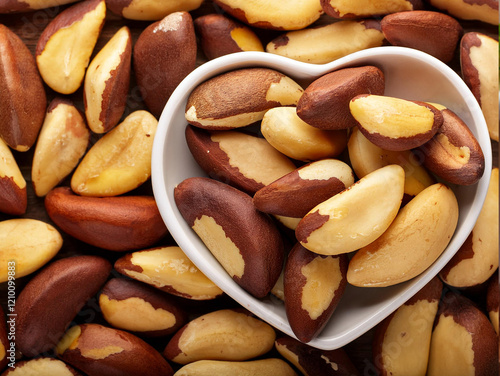 A bowl filled with heart-shaped Brazil nuts, showcasing their unique nutty texture.  photo