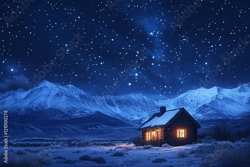 Cabin at Night: A small, cozy wooden cabin nestled in a remote mountain landscape, illuminated under a sky filled with stars, photorealistic and atmospherically rich photo