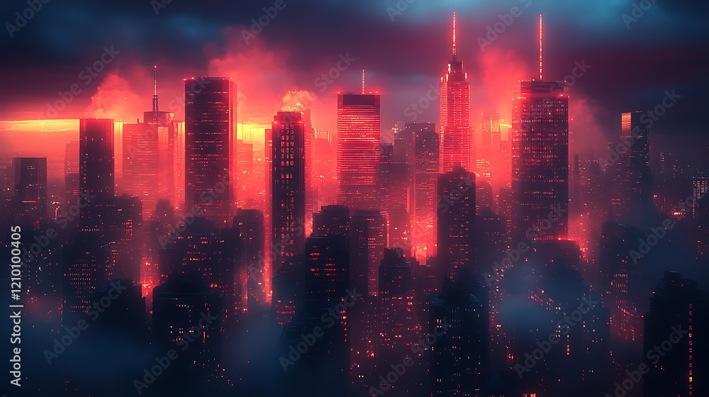 Fototapeta premium Cityscape in Crimson: A futuristic cityscape bathed in an eerie crimson glow, shrouded in smoke and fog, evokes a sense of mystery and danger.