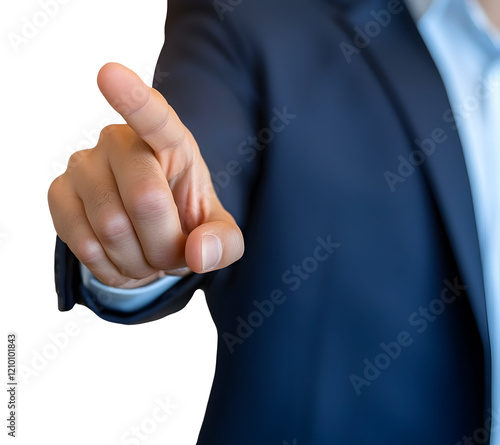 A businessman's hand, sharply dressed in a formal suit, extends, index finger pointing decisively.  A gesture of direction, power, and control., cut out,transparent background photo