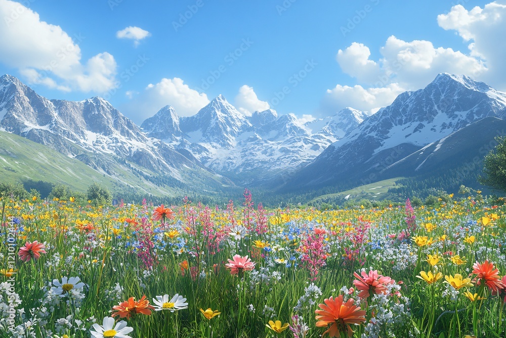 Obraz premium A serene mountain valley with wildflowers blooming in the foreground, a clear blue sky, and snow-capped peaks in the distance, photorealistic, professional DSLR photo, natural features