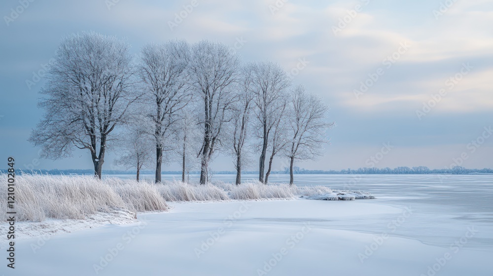 Frozen lake, snow trees, winter dawn, calm Frozen lake, snow trees, winter dawn, calm