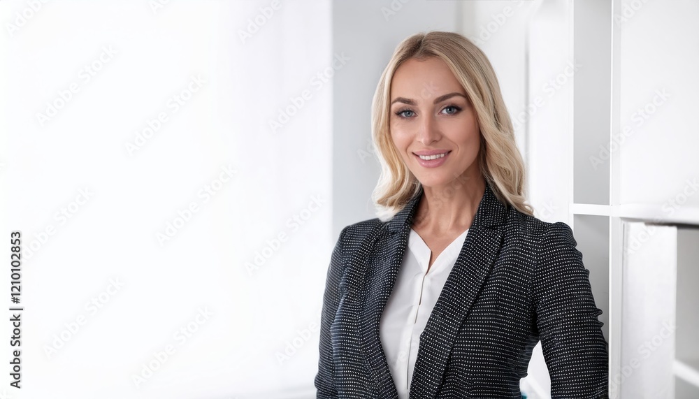 attractive elegant blonde woman standing in white office attractive elegant blonde woman standing in white office