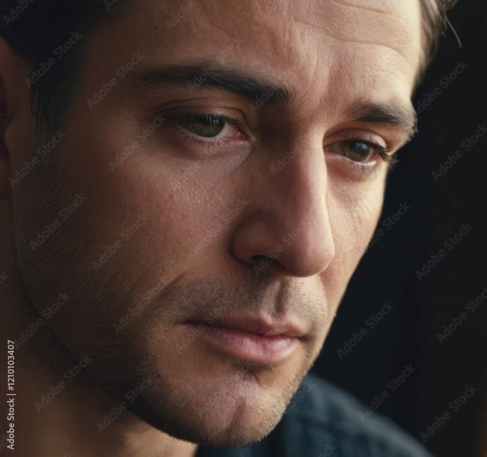Obraz premium Close-up Portrait of a Pensive Man with Shadowy Background, Showing Deep Emotions
