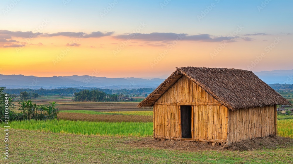 Obraz premium Rustic Bamboo House at Sunset Over Fields